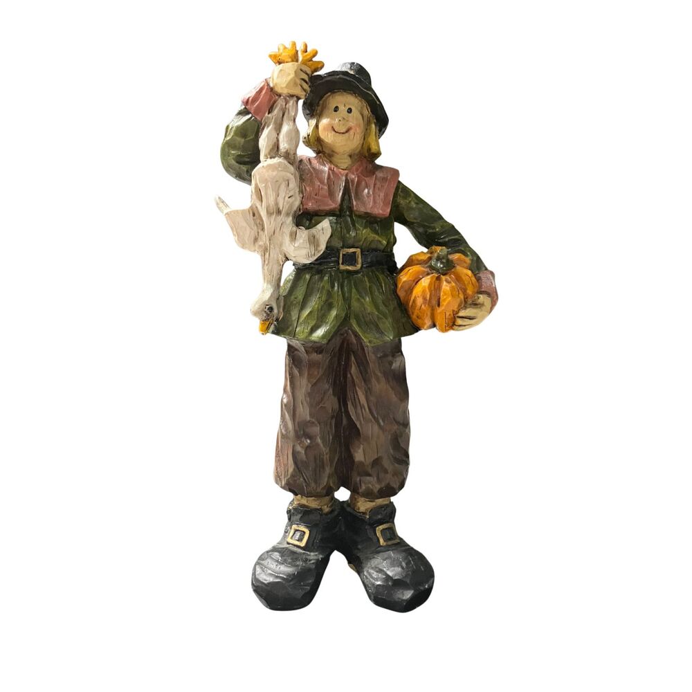 Vintage  Pilgrim Figurine Holding Goose and Pumpkin – Hand-Painted – 8.5 in